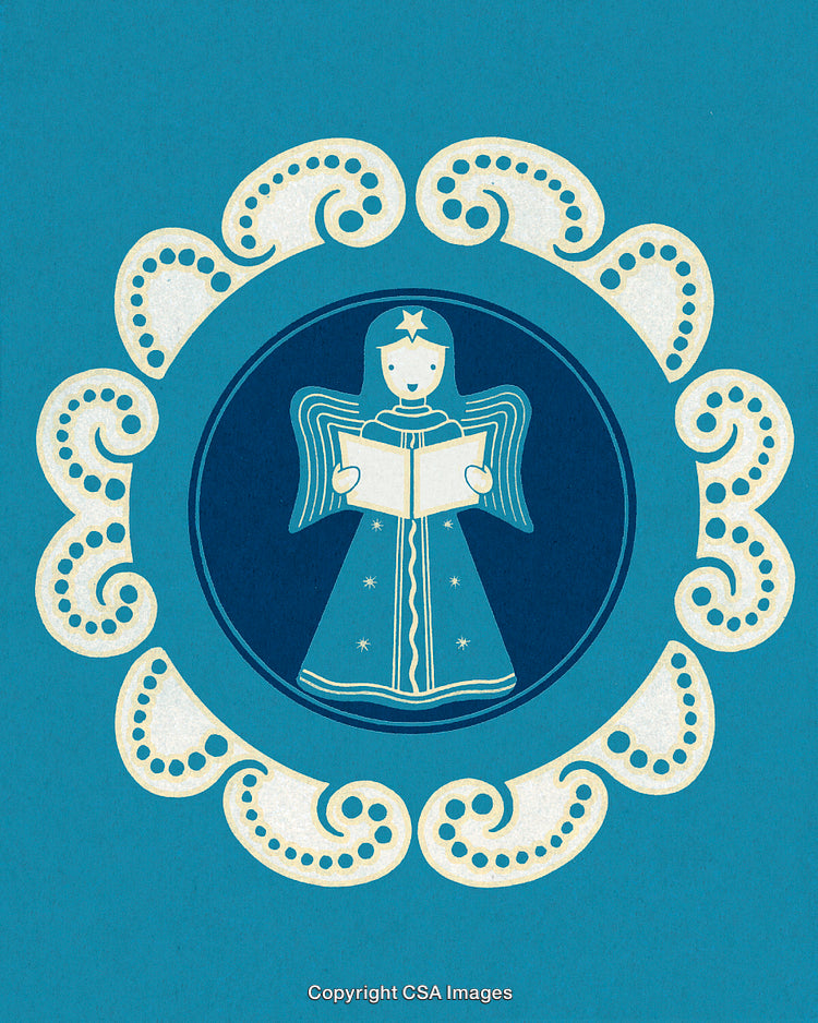 Elegant Christmas Angel Illustration in Blue and White with Decorative Frame