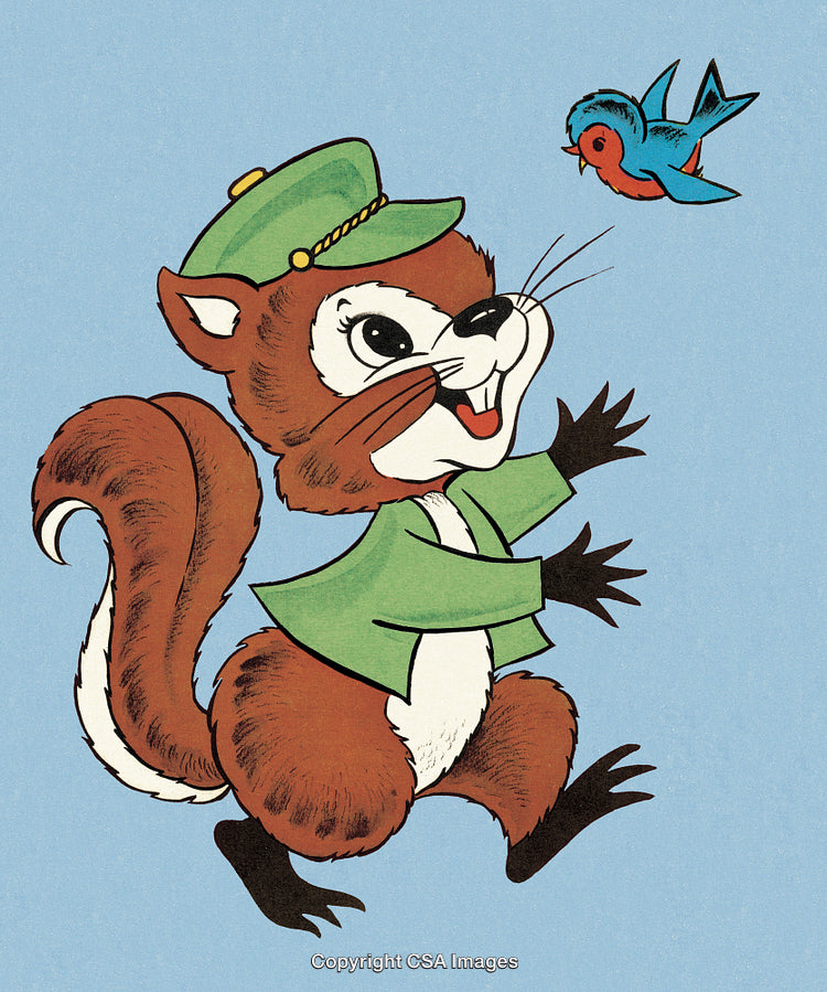 Cartoon Squirrel in Green Jacket Interacting with Flying Bluebird