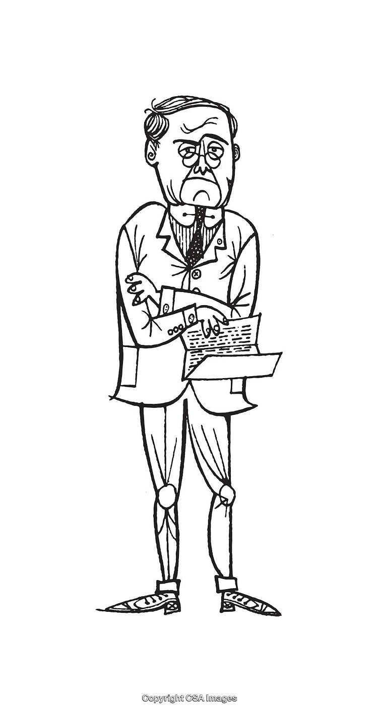 Black and White Line Art of a Serious Businessman Holding Papers