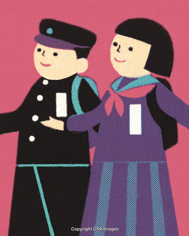 Illustrated Schoolchildren in Uniform Walking Together Against a Pink Background