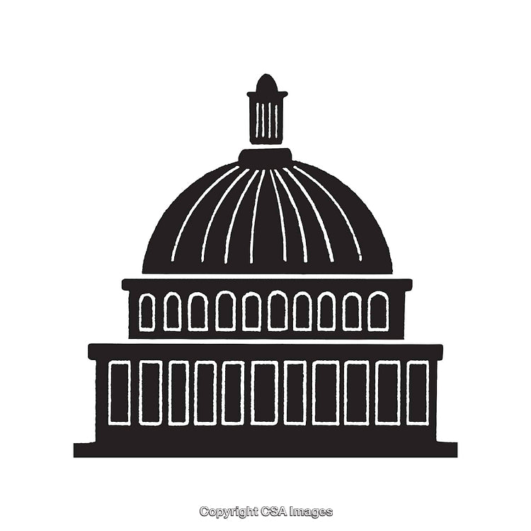 Black and White Illustration of a Government Building with Dome Architecture