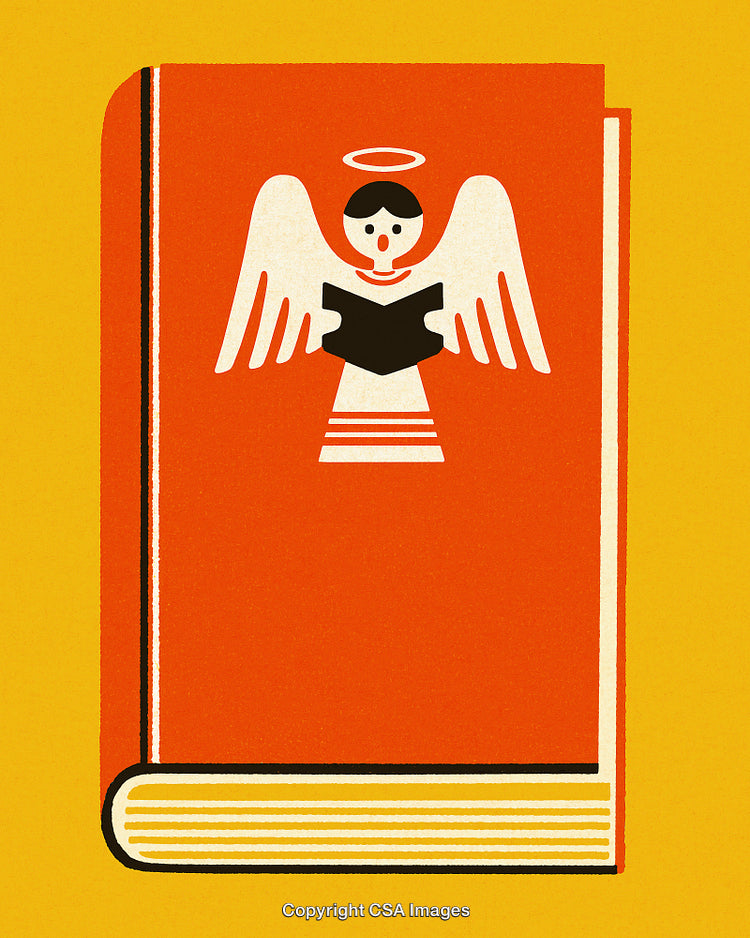 Illustration of an Angel Holding a Book on an Orange Background
