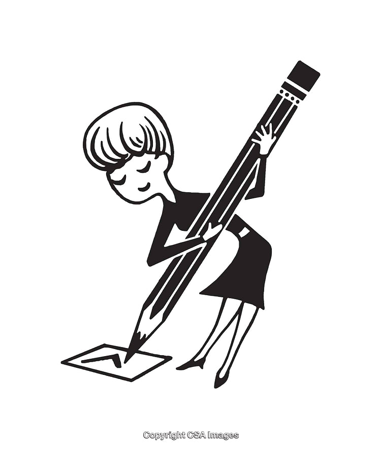 Stylized Black and White Illustration of a Woman Writing with a Giant Pencil