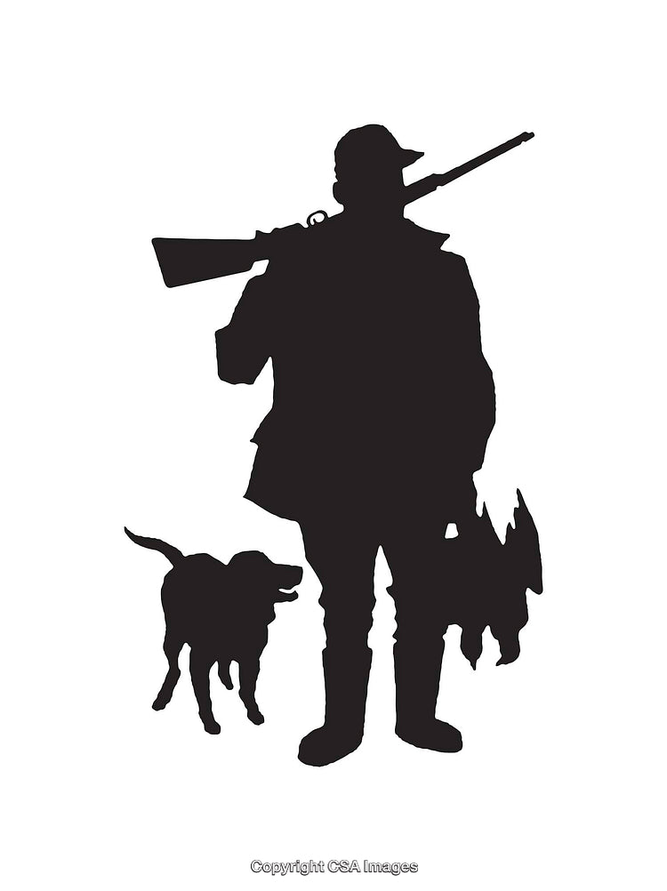 Hunter Silhouette with Dog and Prey in Black and White Line Art