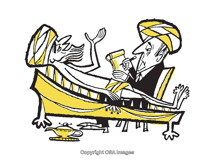 Comedic Illustration of a Genie Receiving Therapy Session in Yellow and Black