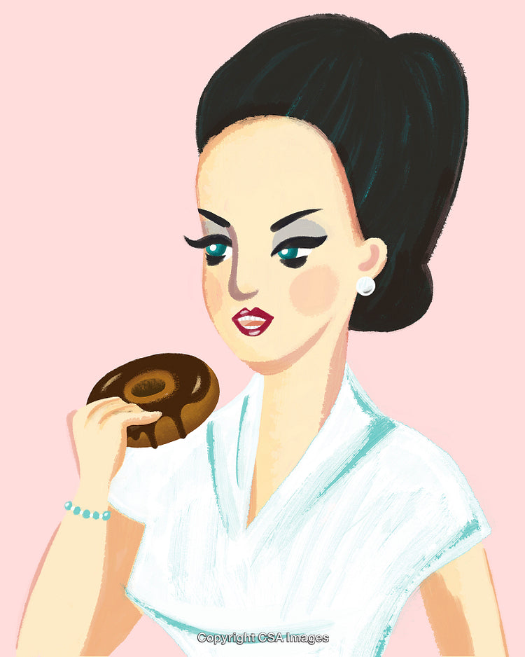 Stylized Portrait of a Woman Enjoying a Chocolate Donut on Pink Background