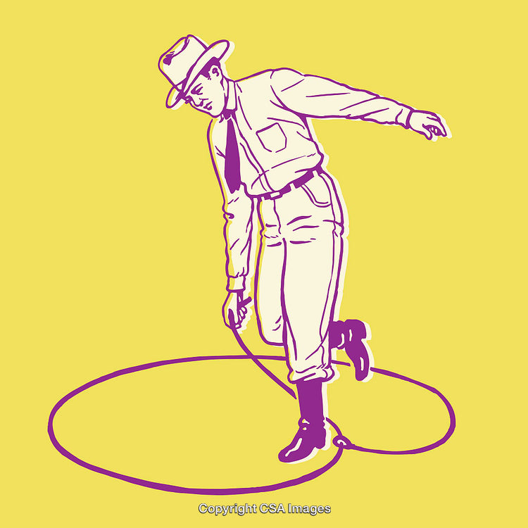 Retro Line Art Illustration of Man Performing with a Rope on Yellow Background