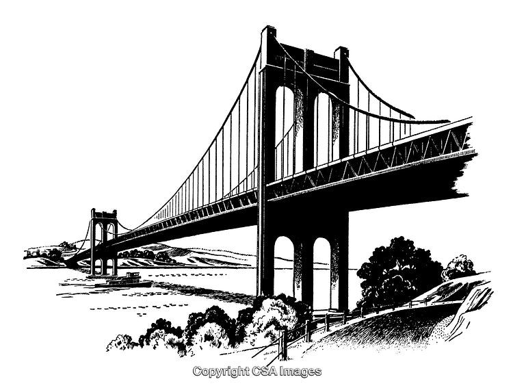 Detailed Black and White Engraving of Suspension Bridge Over Calm River View