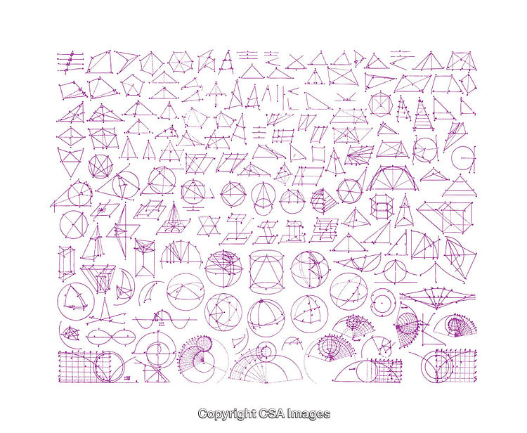 Geometric Diagrams Featuring Triangles, Circles, and Shapes in Purple Lines