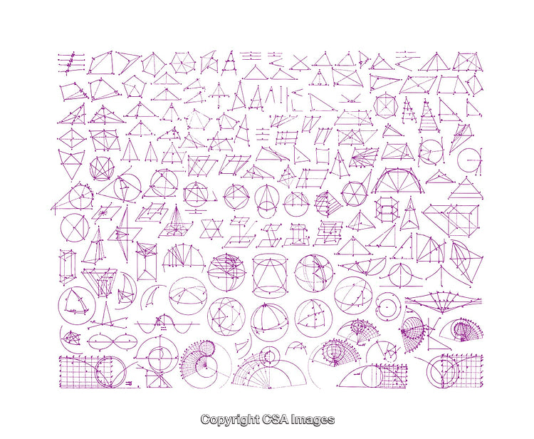 Geometric Diagrams Featuring Triangles, Circles, and Shapes in Purple Lines
