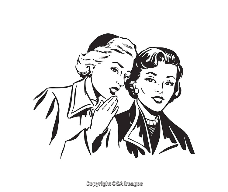 Retro Illustration of Two Women Gossiping in Black and White Line Art