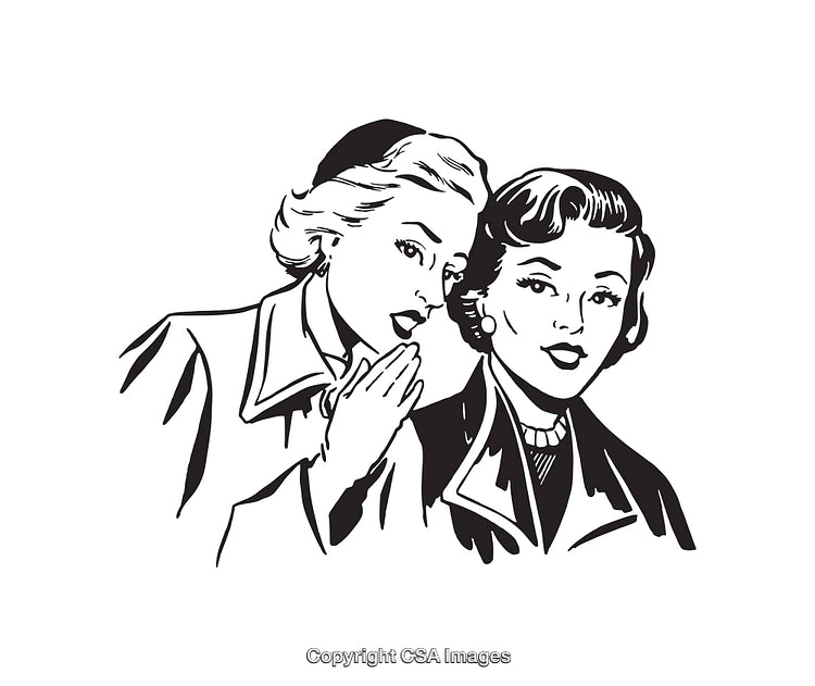 Retro Illustration of Two Women Gossiping in Black and White Line Art