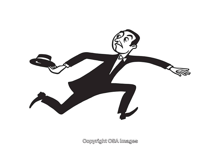 Retro Black and White Illustration of a Running Businessman Holding a Hat