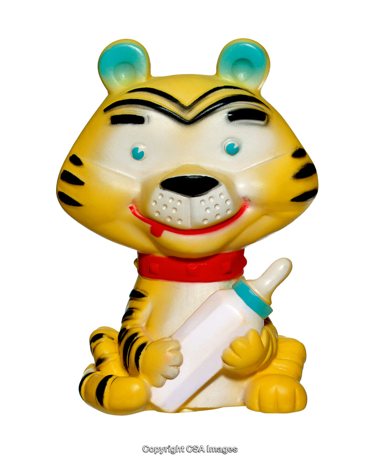 Cute Tiger Toy Holding Baby Bottle on White Background