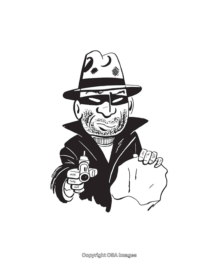 Black-and-White Line Drawing of a Mystical Character with Hat and Object