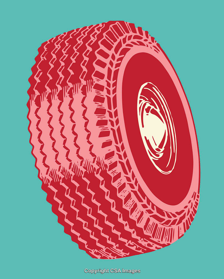 Retro Style Color Illustration of a Red Tire on a Teal Background