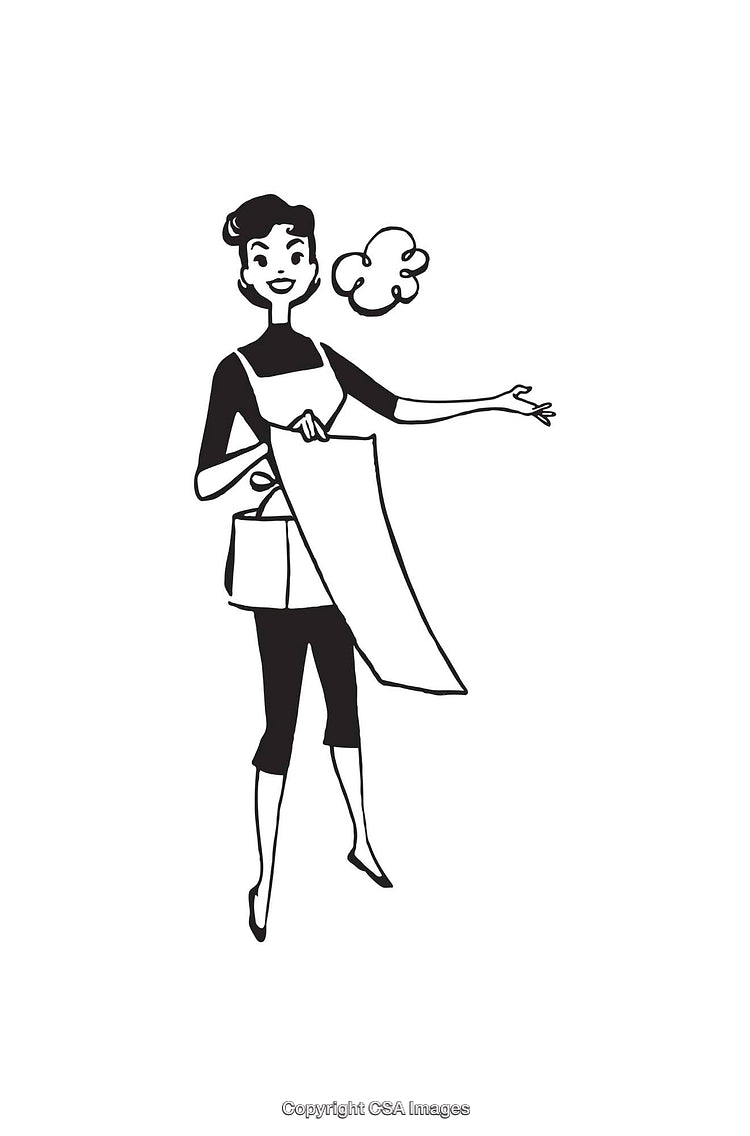 Retro Black and White Illustration of a Happy Woman in Apron