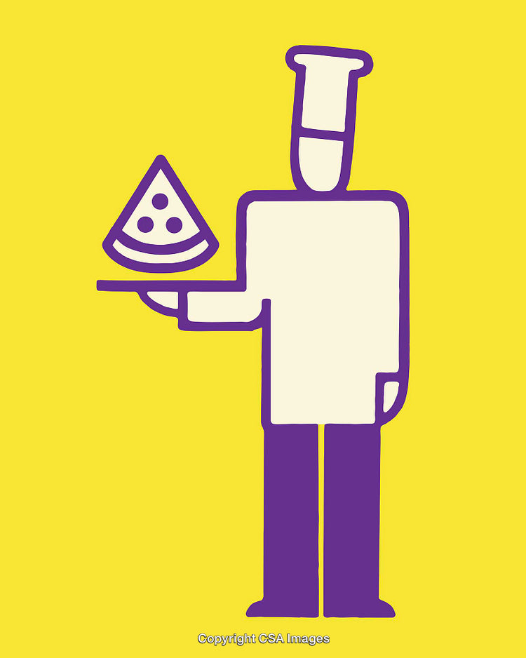 Colorful Line Art of Chef Serving Pizza Slice on Yellow Background
