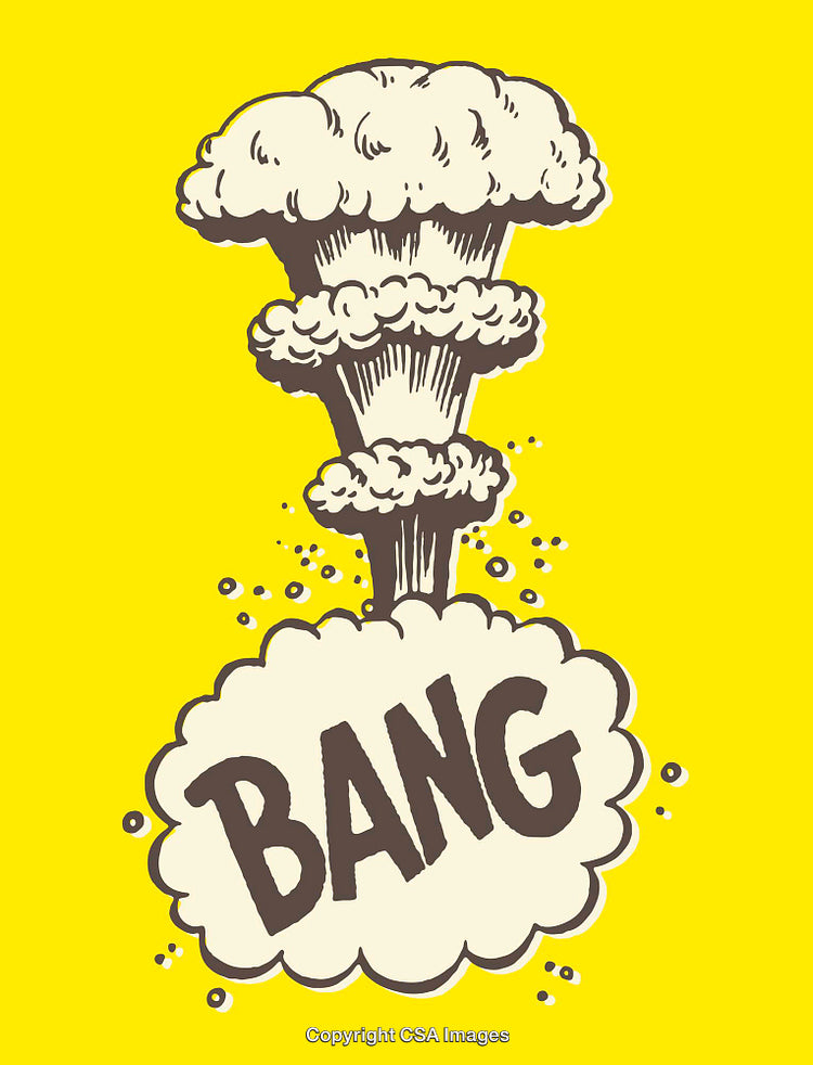 Retro Explosion Illustration with "Bang" Text on Bright Yellow Background