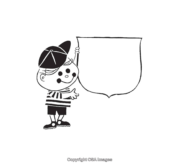 Black and White Illustration of a Boy Holding a Blank Shield Sign