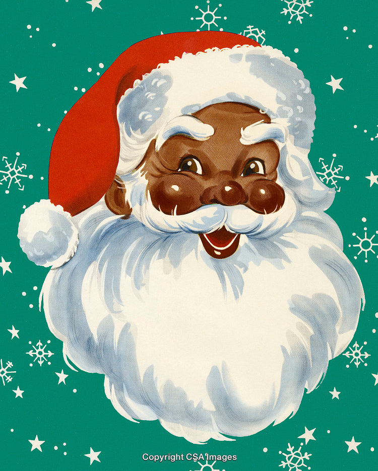 Vintage Christmas Artwork Featuring a Joyful Santa Claus Head on Green Background