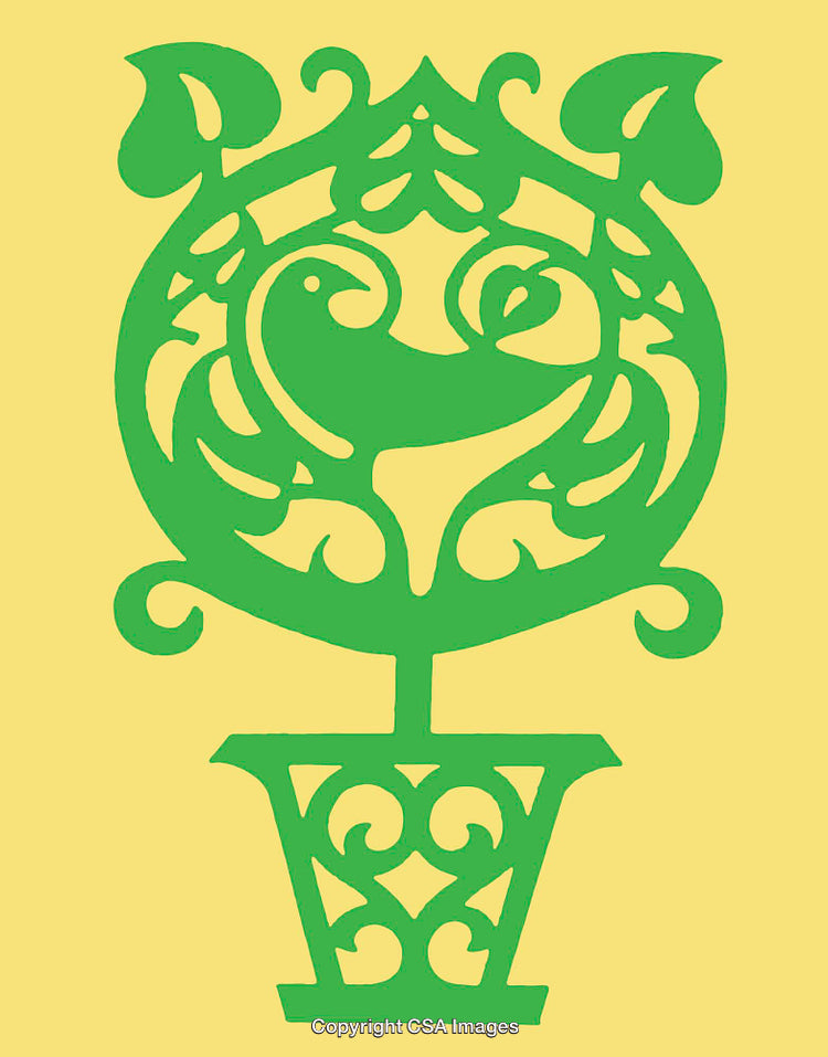 Green Folklore-Inspired Art Cut Design on a Yellow Background