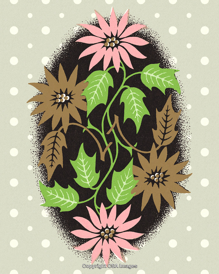Beautiful Floral Pattern with Pink Flowers and Green Leaves on Polka Dot Background