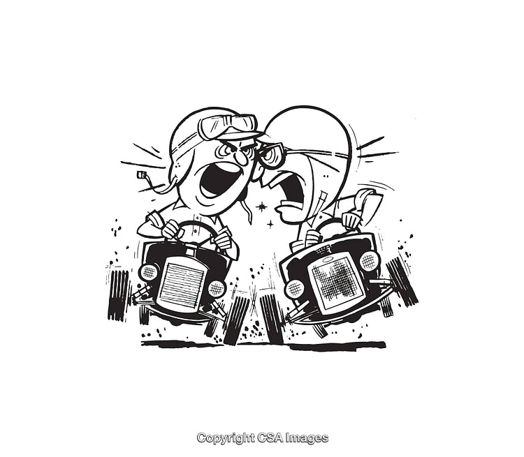 Dynamic Black And White Racing Rivalry With Expressive Characters
