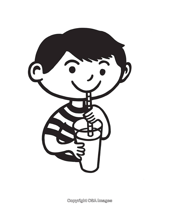 Black And White Illustration of a Child Drinking From a Straw