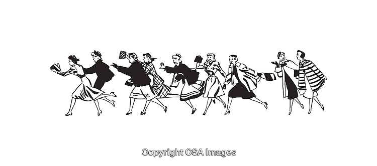 Vintage Black and White Illustration of Running Women in Retro Fashion