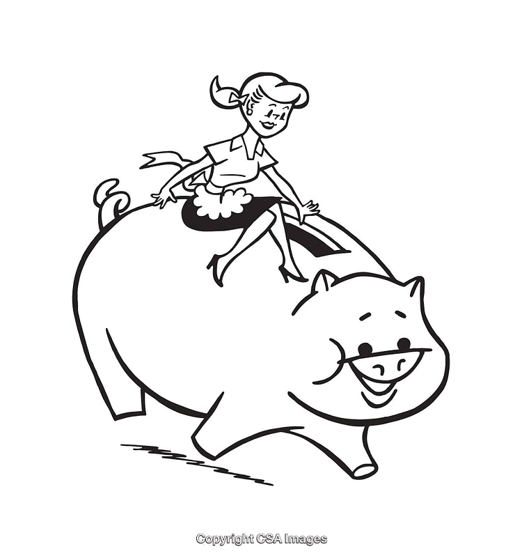 Fun Black and White Cartoon of Girl Riding a Smiling Pig