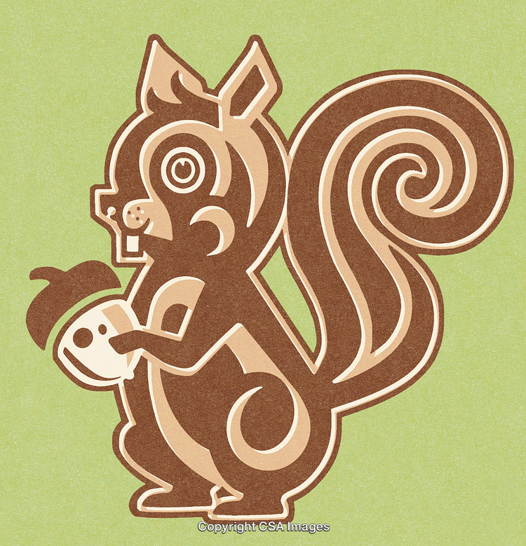 Stylized Illustration of a Squirrel Holding an Acorn on a Green Background