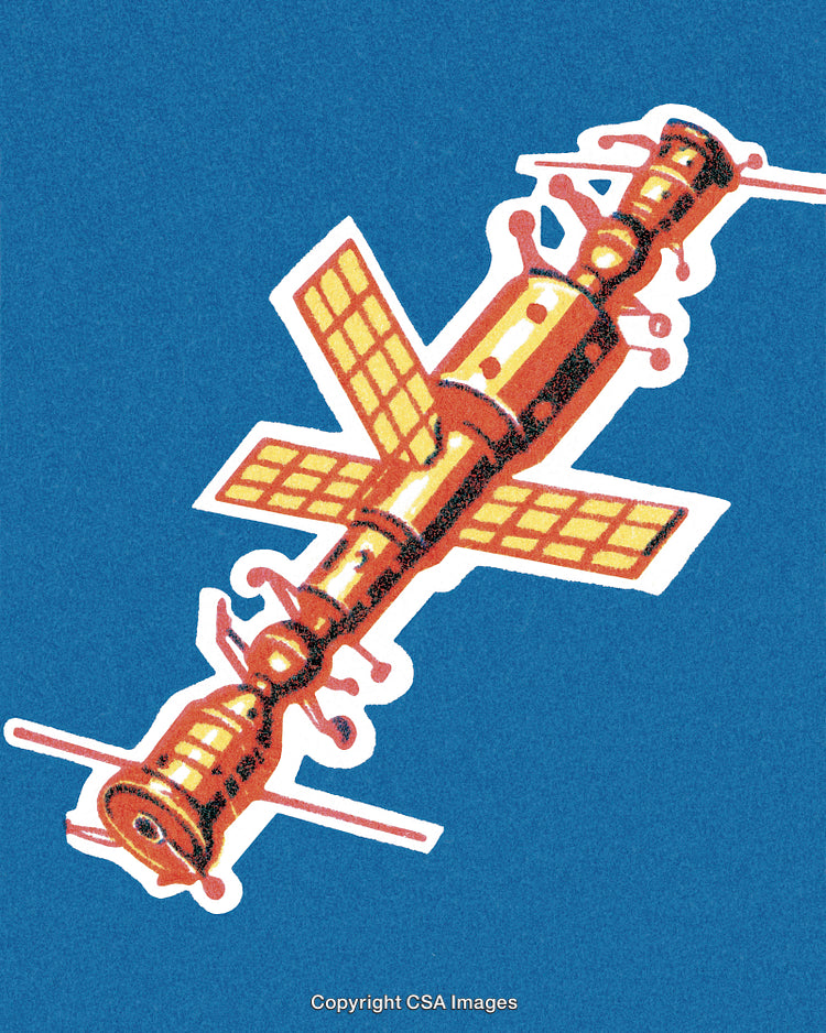 Retro Illustration of Space Station Satellite Against Blue Background