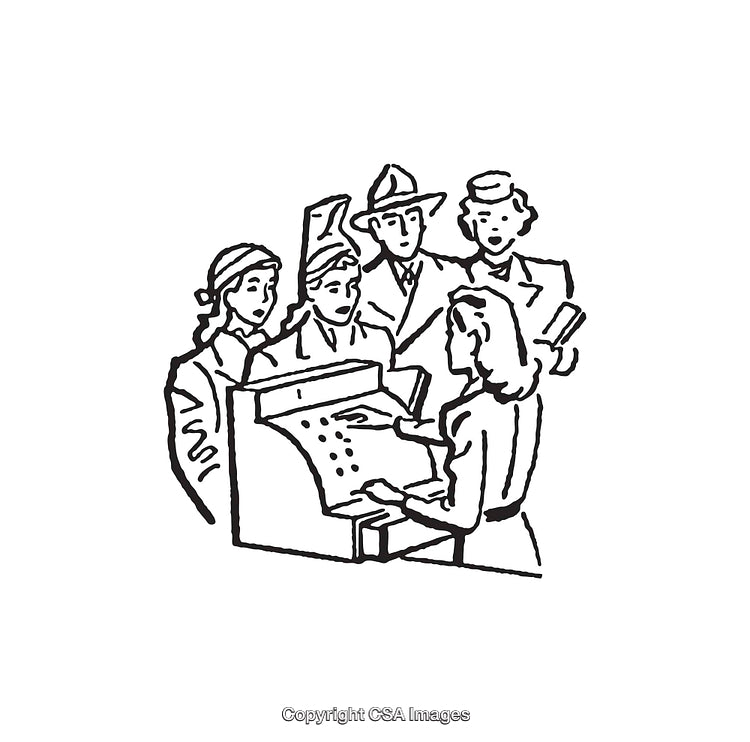 Group Engaged in Discussion Around Office Technology in Line Art Style