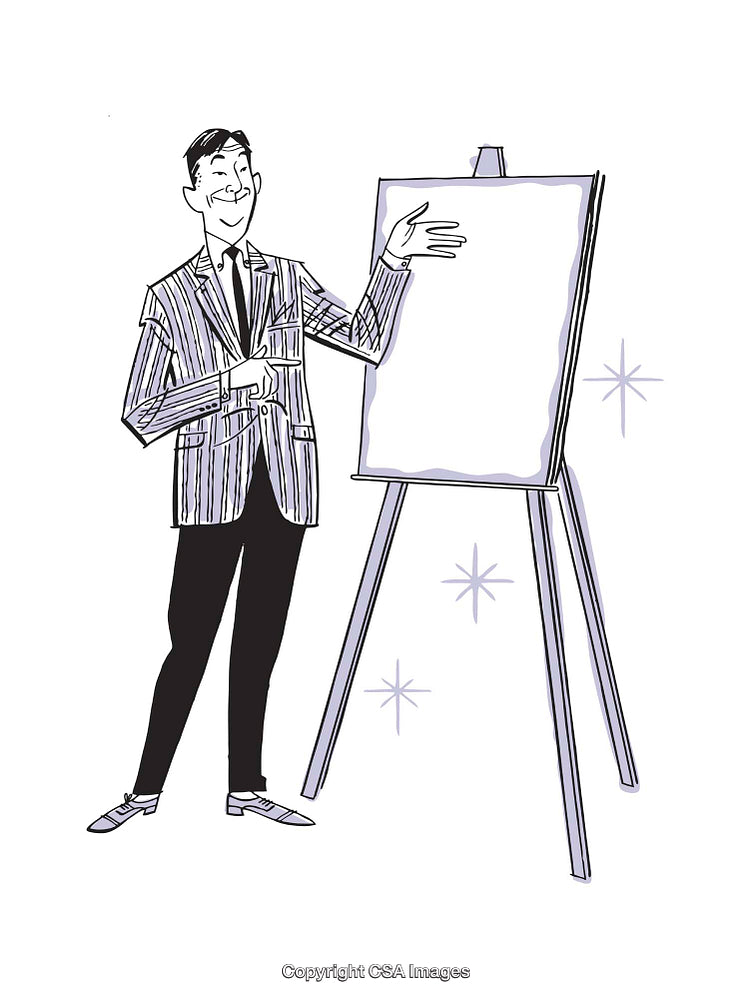Retro Style Illustration of Man Giving Presentation Using Easel Display