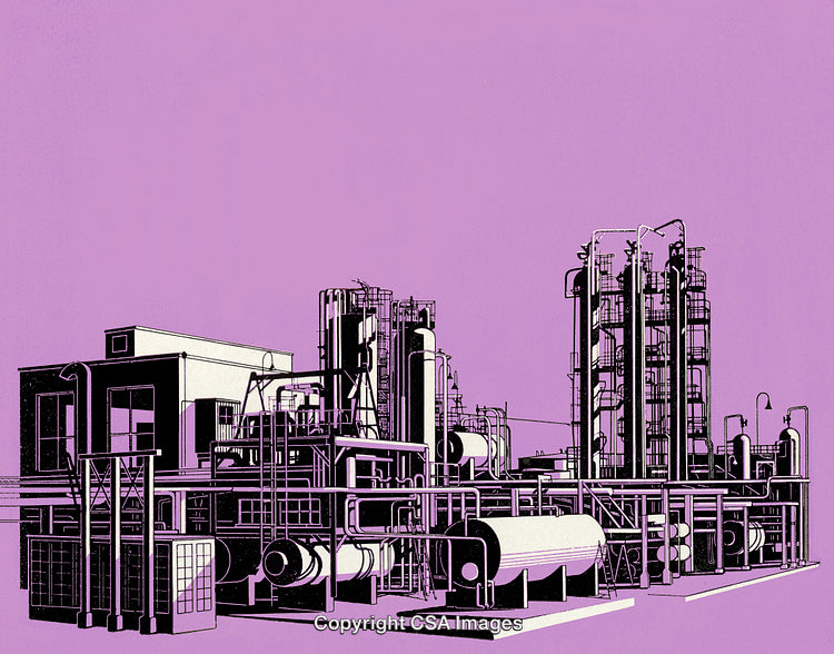 Industrial Refinery Illustration with Purple Background and Modern Facility Details