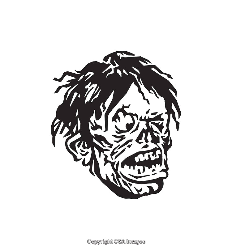 Detailed Black and White Illustration of a Zombie Head with Expression