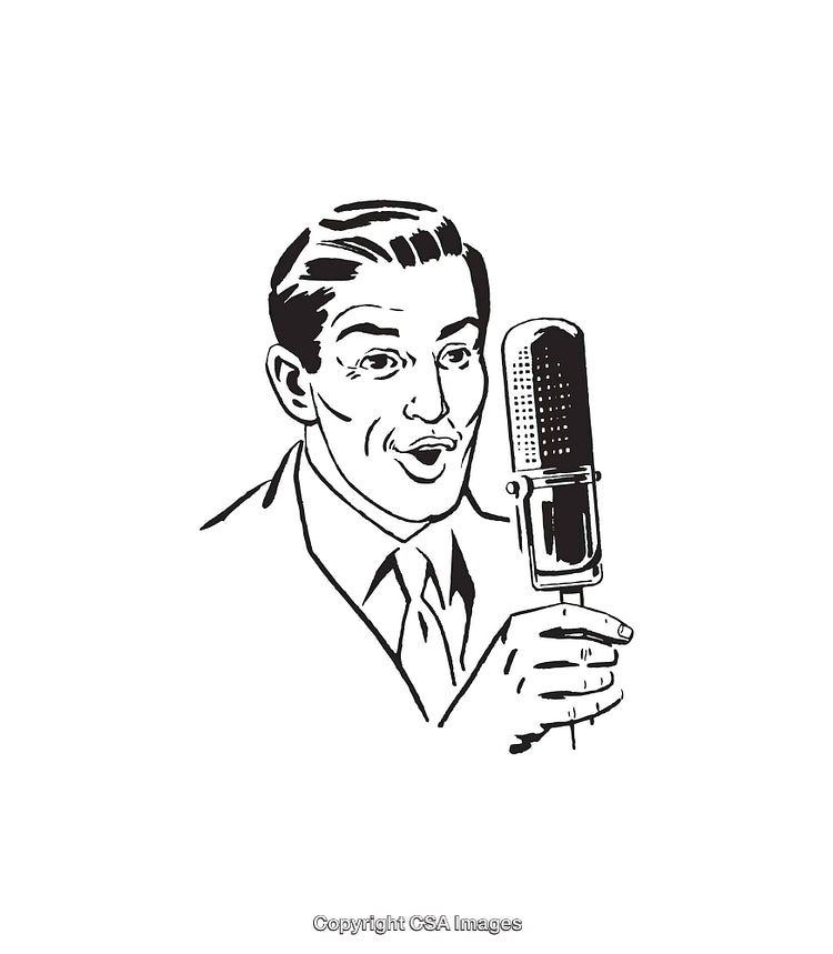 Retro Line Art of a Man Speaking into a Vintage Microphone