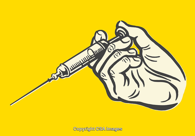Hand Holding Syringe in Bold Yellow Background Medical Illustration