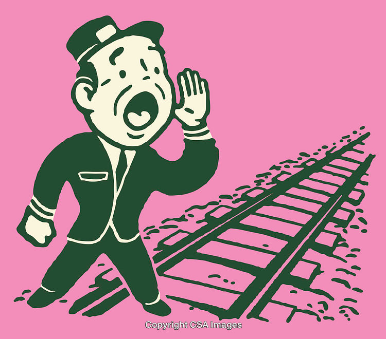 Illustration of a Railway Worker Calling Out Beside Train Tracks
