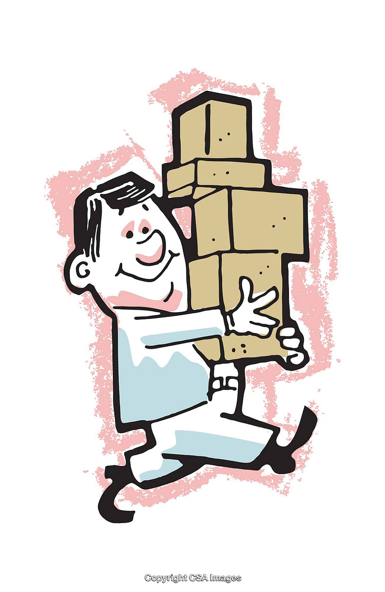 Cheerful Cartoon Character Carrying Stacked Boxes with a Bright Background