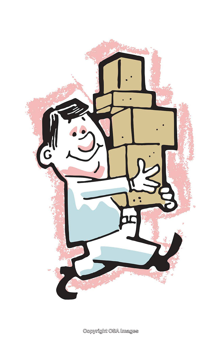 Cheerful Cartoon Character Carrying Stacked Boxes with a Bright Background
