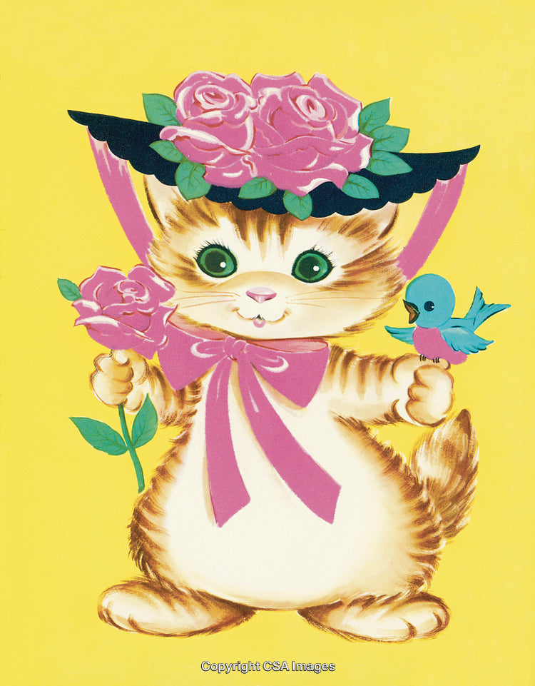 Charming Kitten With Flower Hat and Bird on Yellow Background