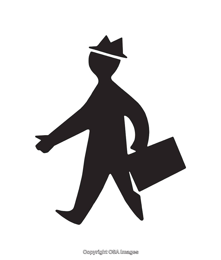 Silhouette of a Person Carrying a Briefcase and Wearing a Hat Icon