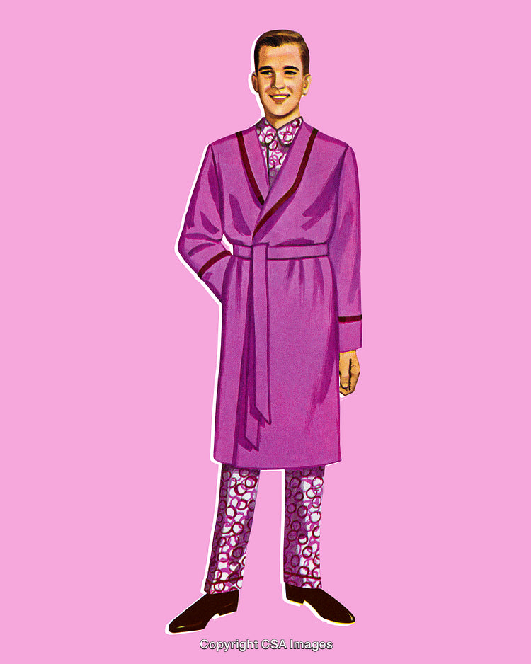 Vintage Illustration of a Smiling Man Wearing Stylish Purple Loungewear