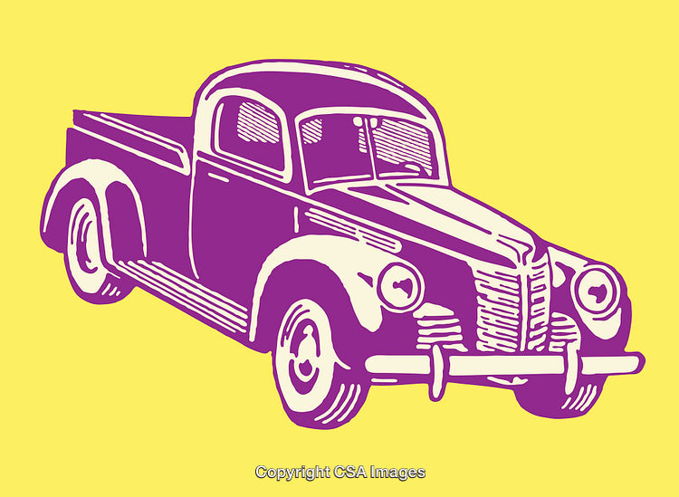 Vintage Pickup Truck Illustration in Bold Purple and Yellow Colors