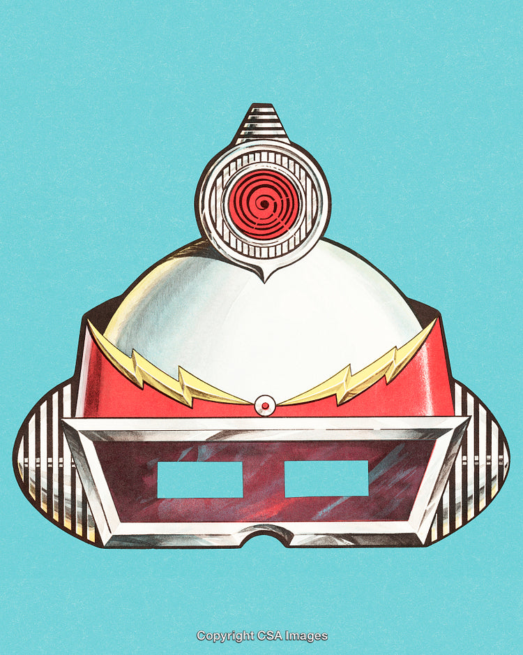 Retro Futuristic Helmet Illustration with Bold Geometry and Vibrant Colors