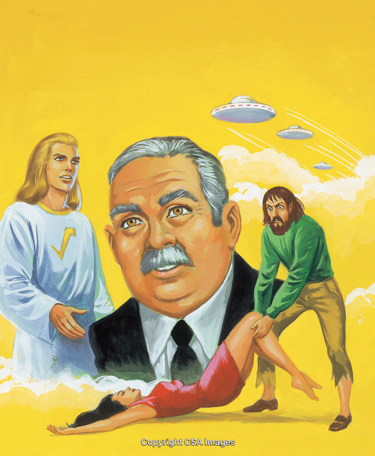 Surreal Illustration Featuring Human Figures, UFOs, and Expressions of Mystery and Drama