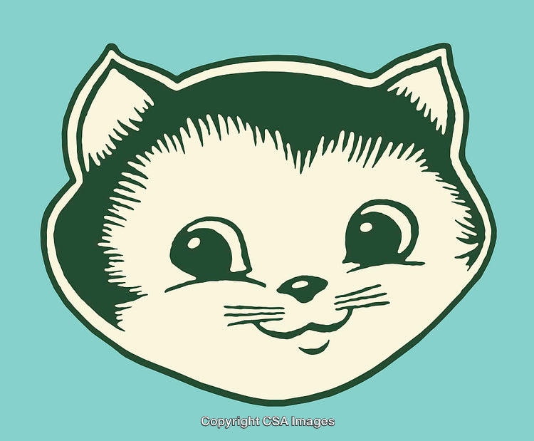 Vintage Style Illustration of a Smiling Cat Face in Color Line Art