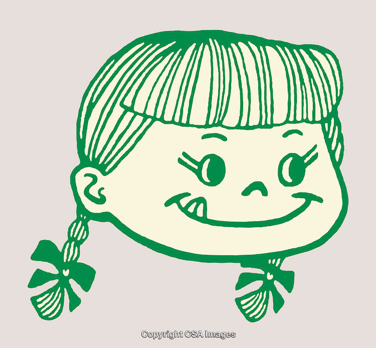 Retro Style Green Line Art of Smiling Girl Icon